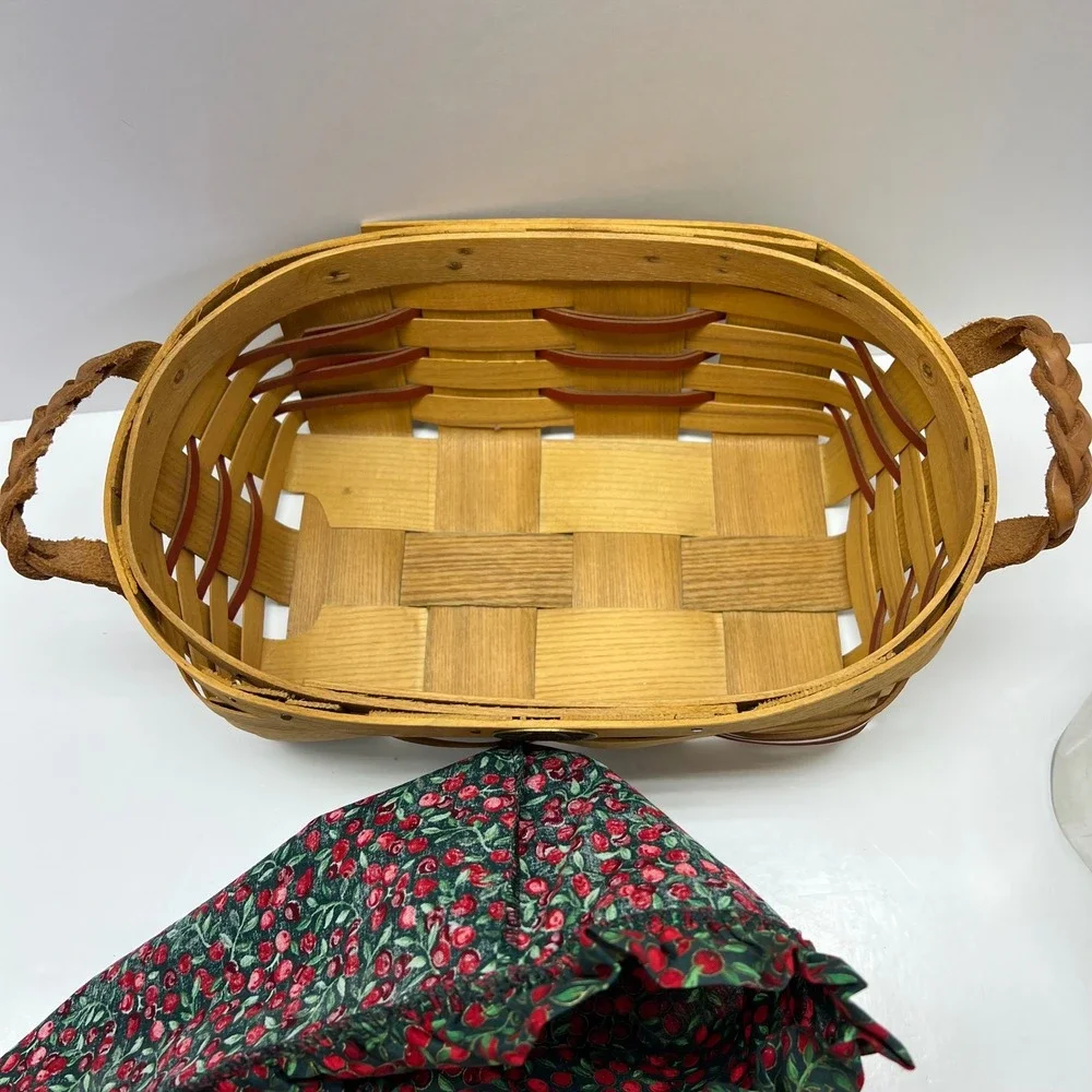 Peterboro Basket Co VTG Yuletide Berry Woven Wood Basket Leather Handle USA Made